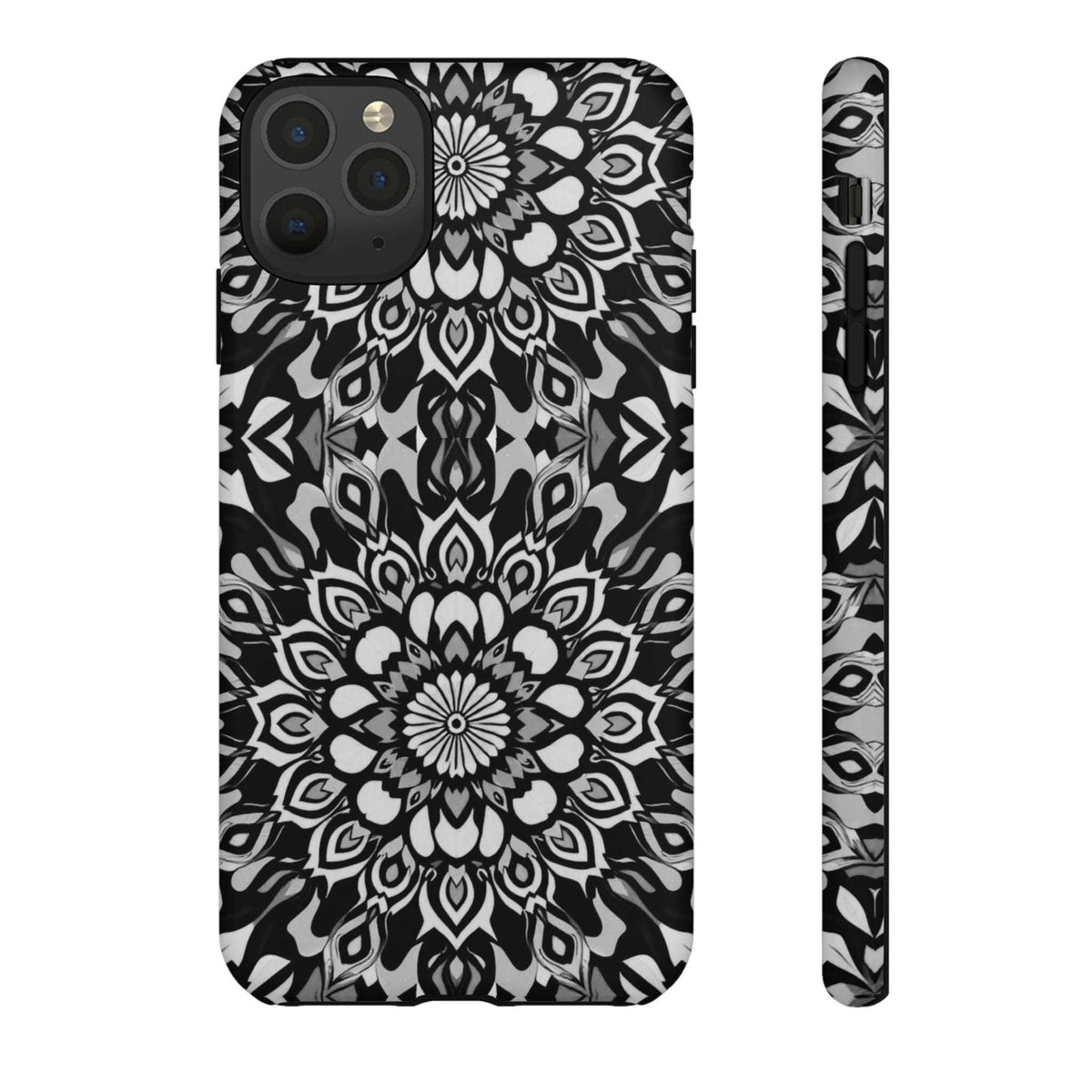 Mandala phone case with black-and-white geometric mandala pattern and camera cutouts