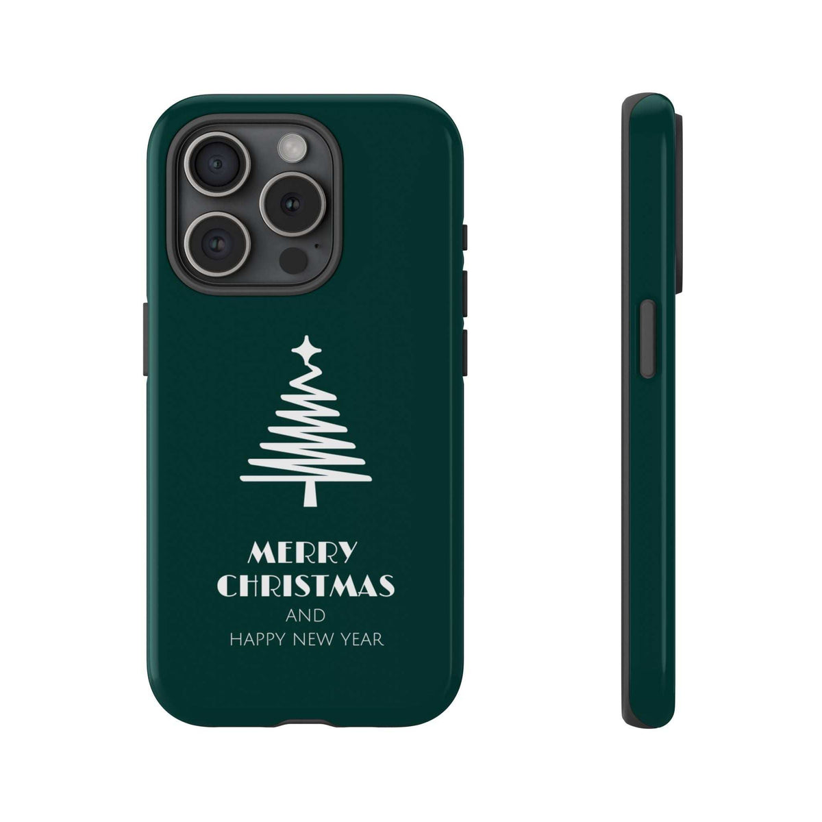 Dark green glossy phone case front view with Christmas tree and 'Merry Christmas' and 'Happy New Year'