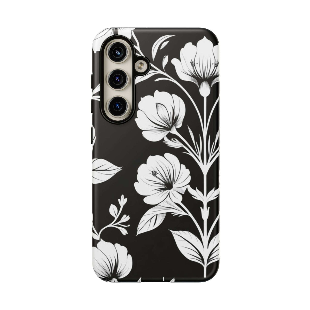 Black floral phone case with white flowers and leaves; raised edges around camera