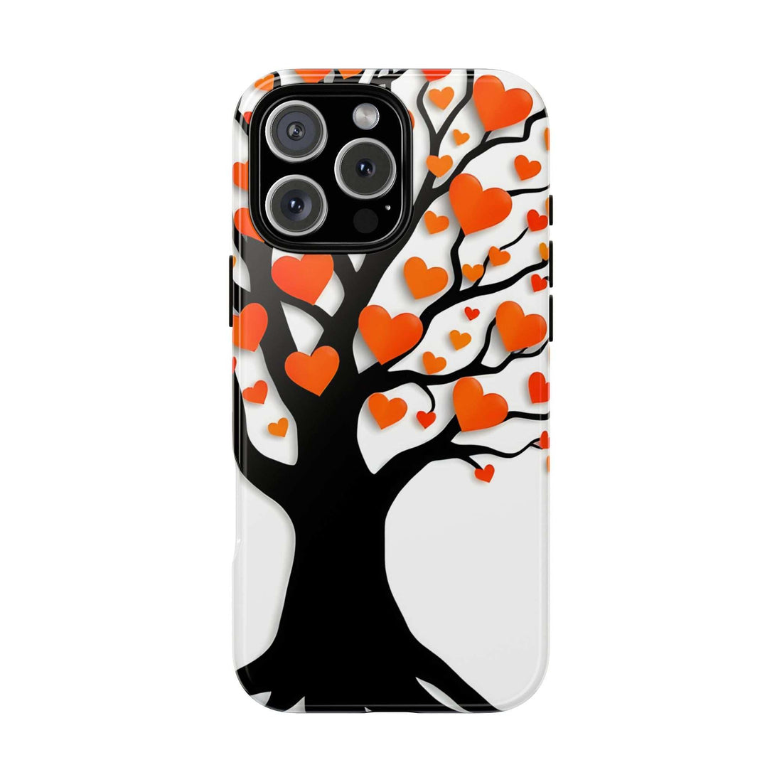 Phone case with black tree and orange heart pattern on white, with camera cutouts
