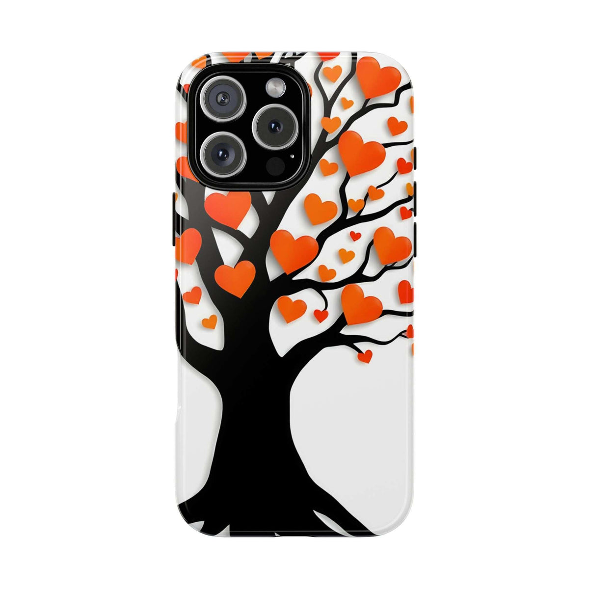 Phone case featuring a black heart tree design with orange hearts on a white background