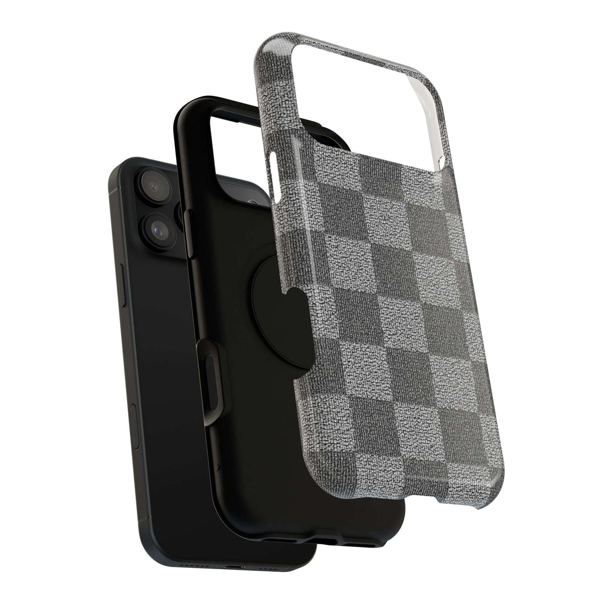 Gray checkered phone case shown from side, textured back with camera protection