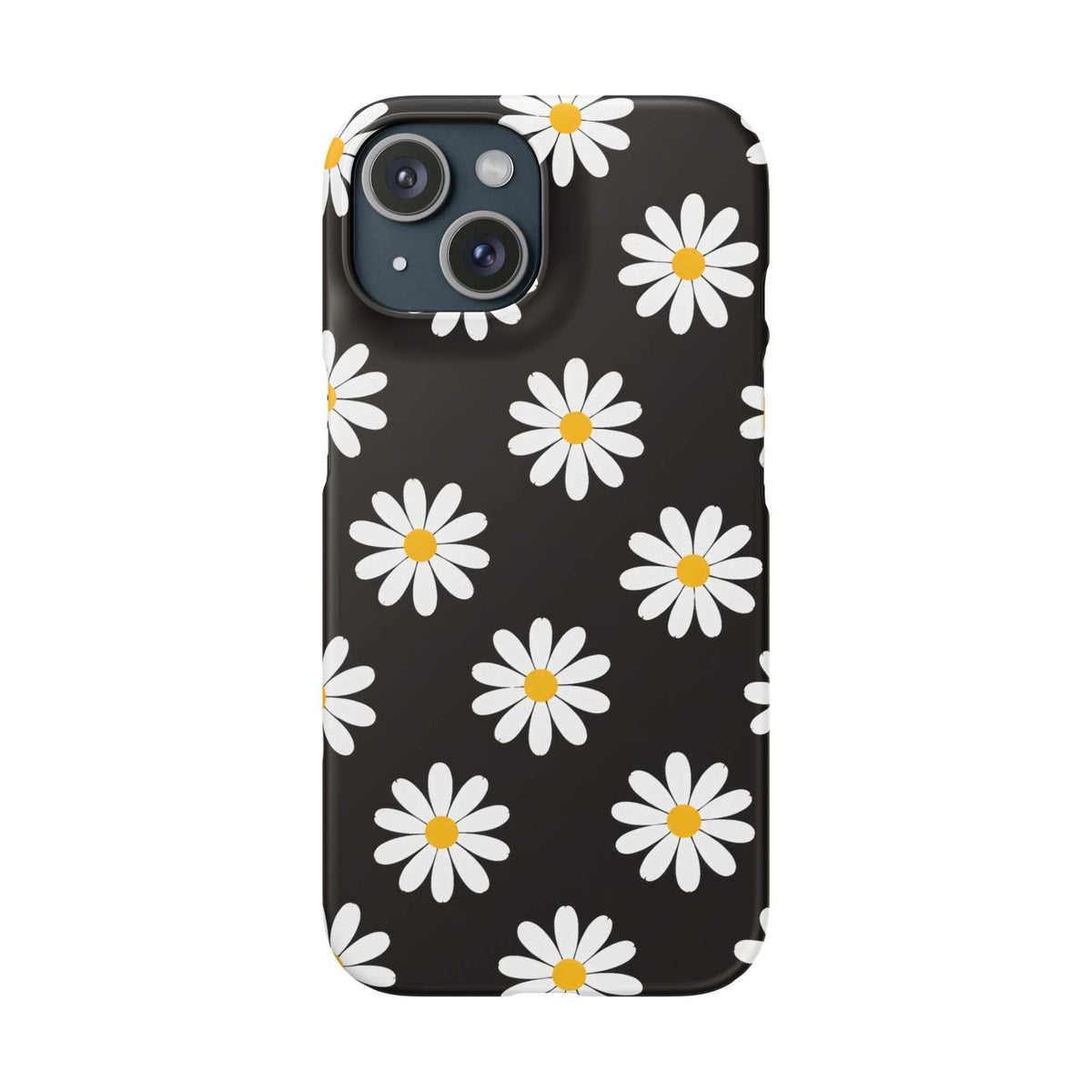 Daisy charm phone case showing dark background with white daisies and yellow centers