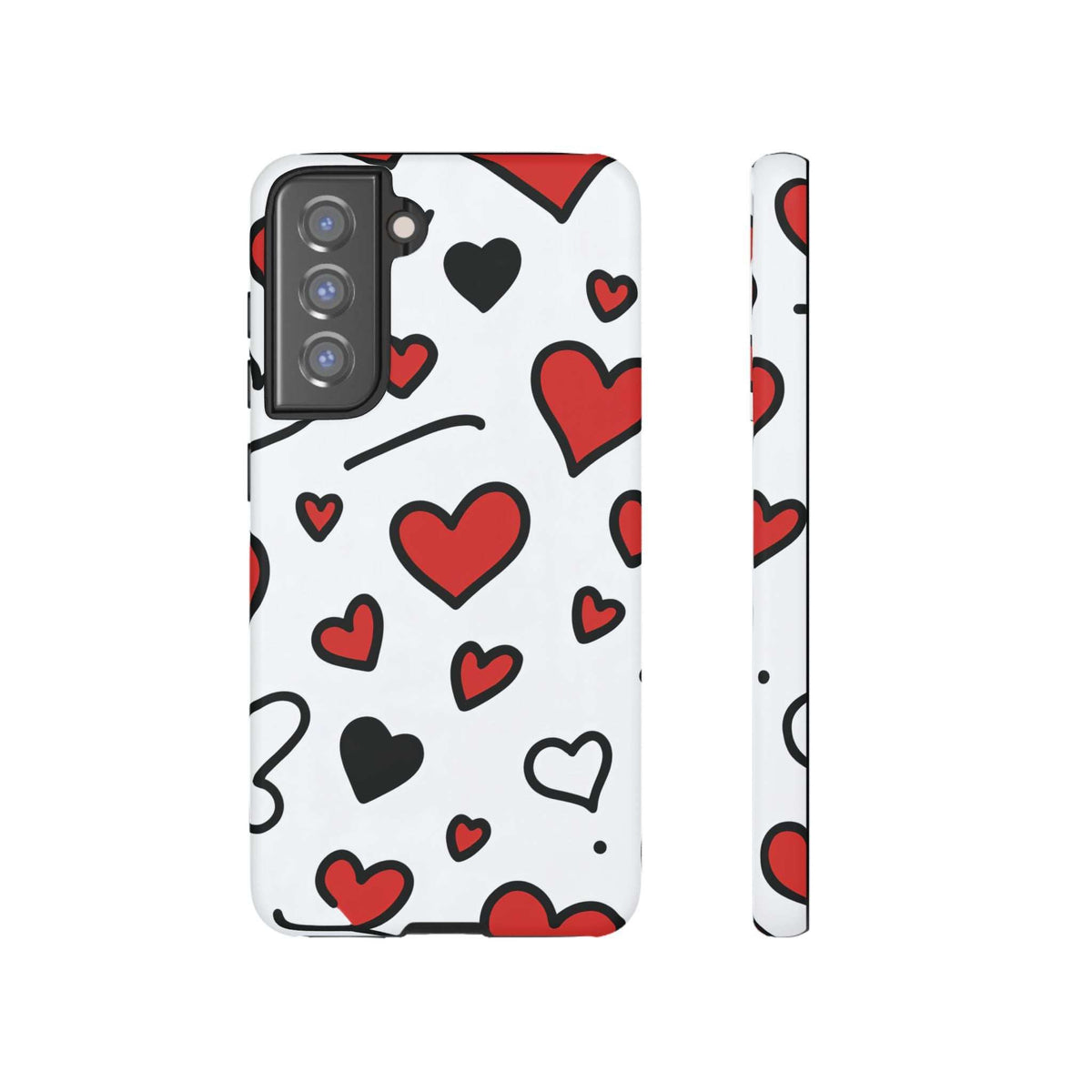 White phone case featuring red and black hearts; camera cutouts and side slot visible