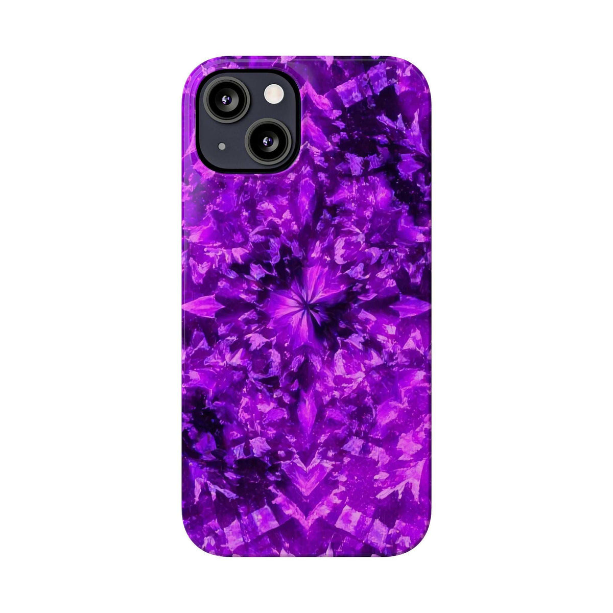 Purple kaleidoscope phone case front view with camera module cutout