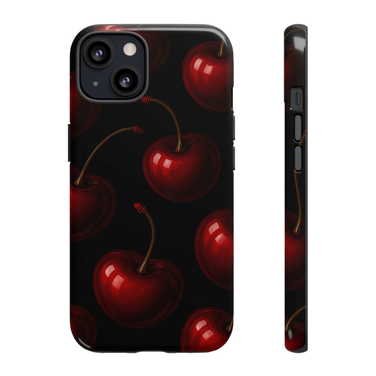 Glossy phone case with red cherries on dark background; camera cutouts and raised edges