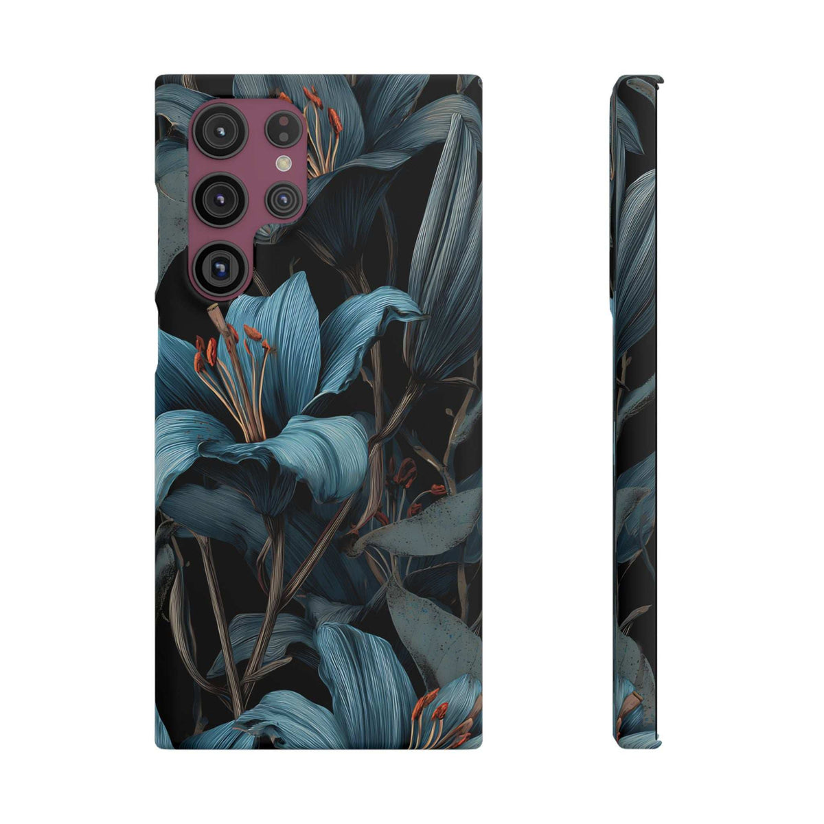 Phone case showing blue tropical leaf and flower artwork, dark edges with camera openings