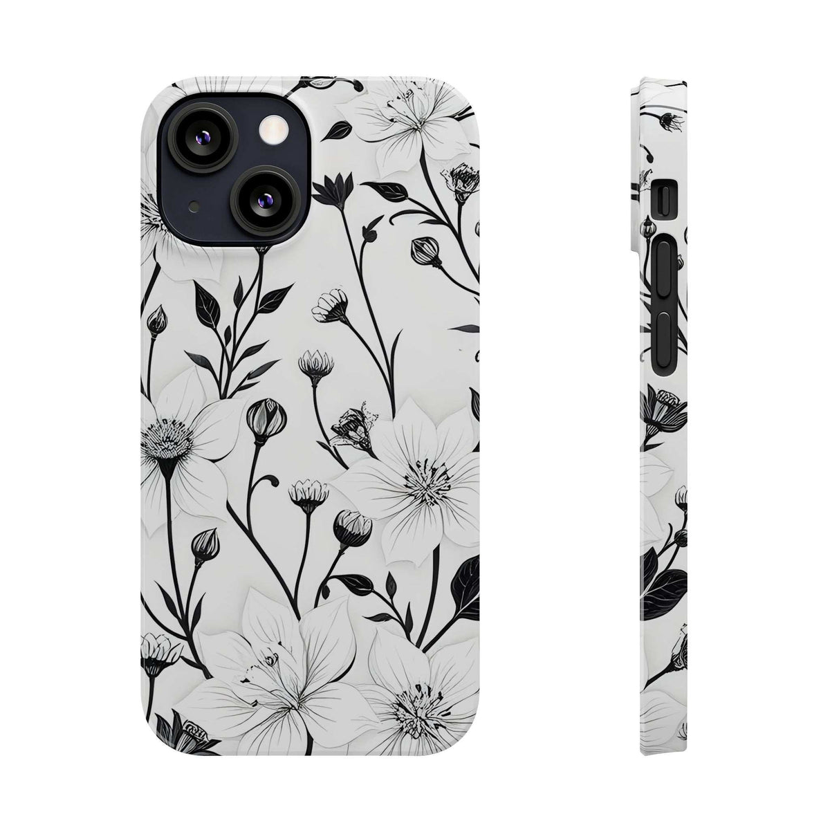 Phone case back with monochrome floral print and side profile showing edge cutouts