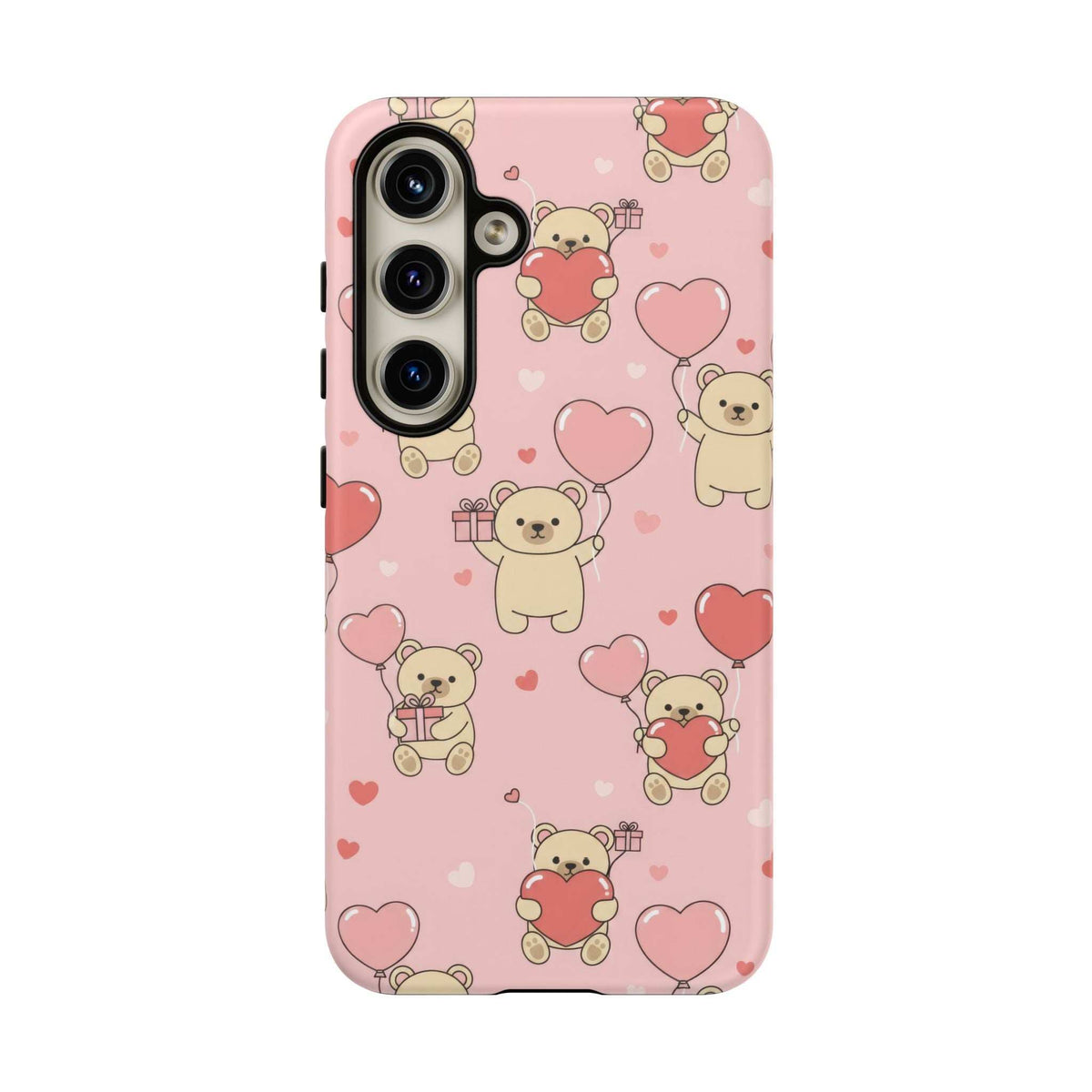 Pink teddy bear phone case with hearts print; vertical camera cutout and side buttons