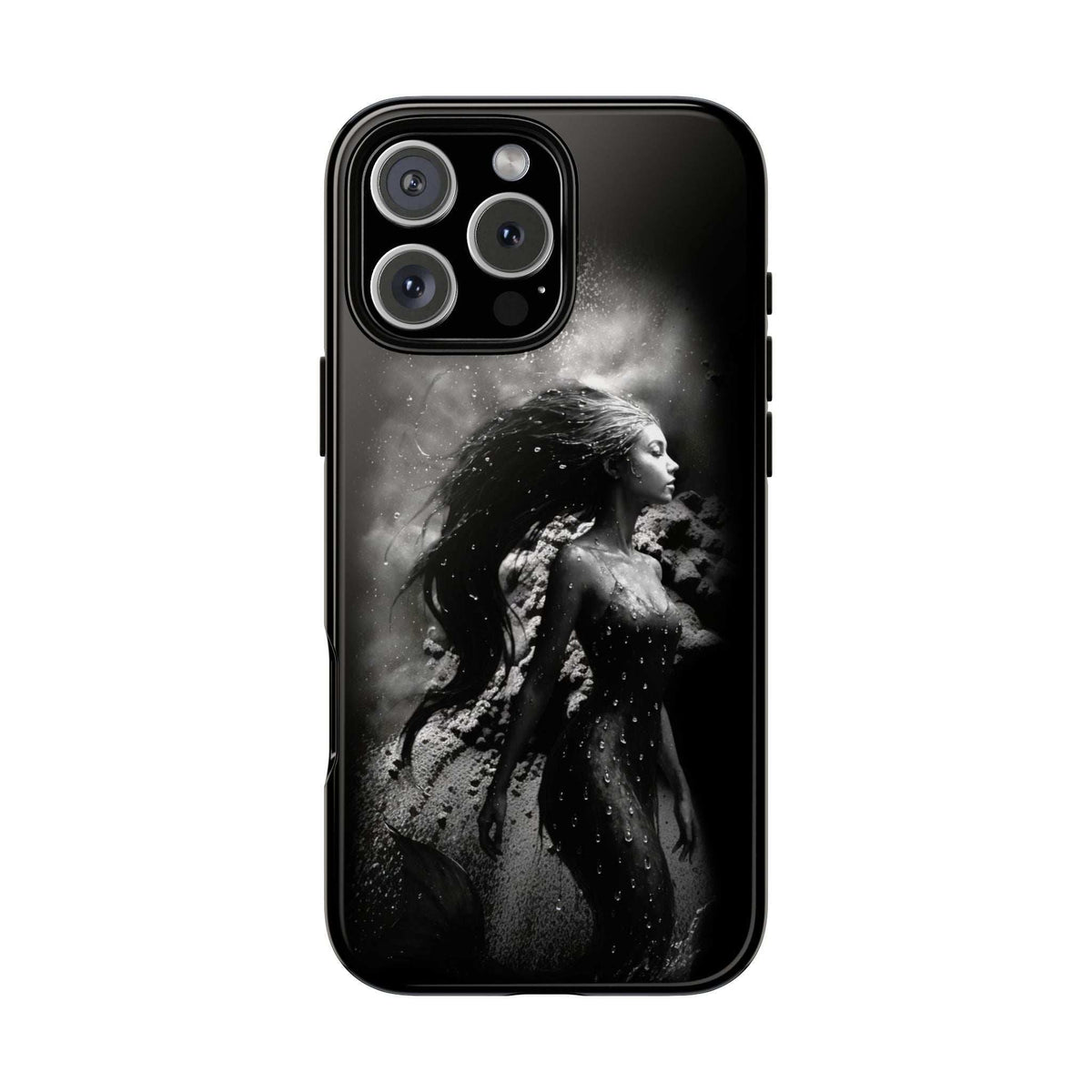 Monochrome mermaid phone case, black, front view showing camera cutouts and side button cutout