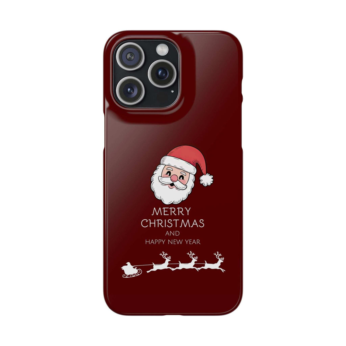 Glossy dark red phone case with Santa graphic, “MERRY CHRISTMAS” and camera cutout on top.