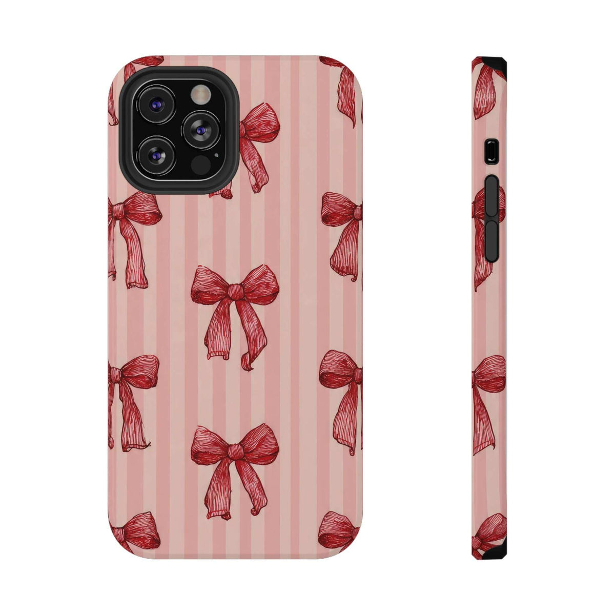 Pink striped phone case with red bow pattern; black camera cutout and narrow side view