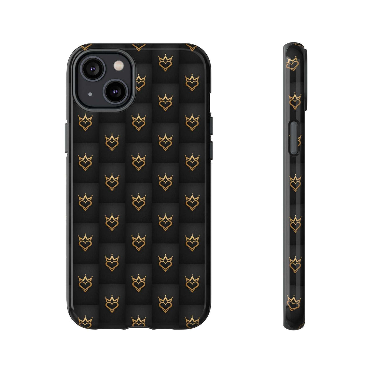 Glossy dark phone case with gold crown heart doodle pattern, front camera cluster visible