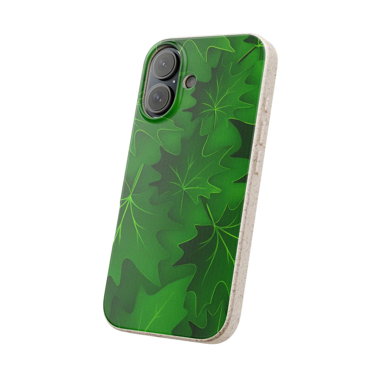 Green phone case with botanical leaf pattern and speckled beige edge