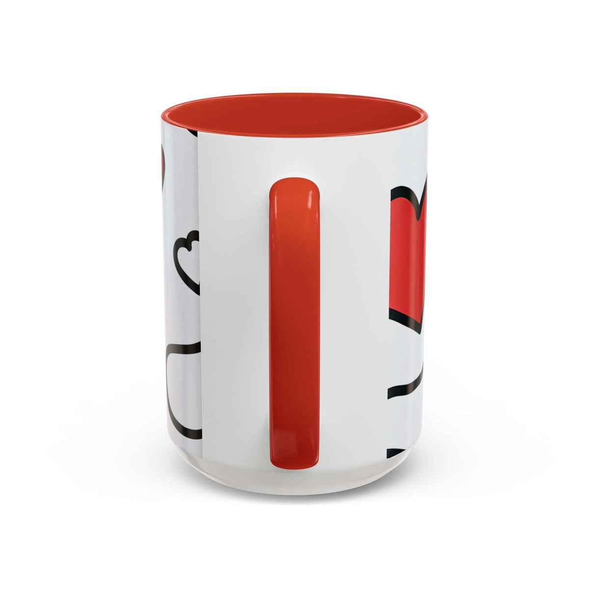 Red and white love-themed accent coffee mug with vertical heart letter graphic and handle