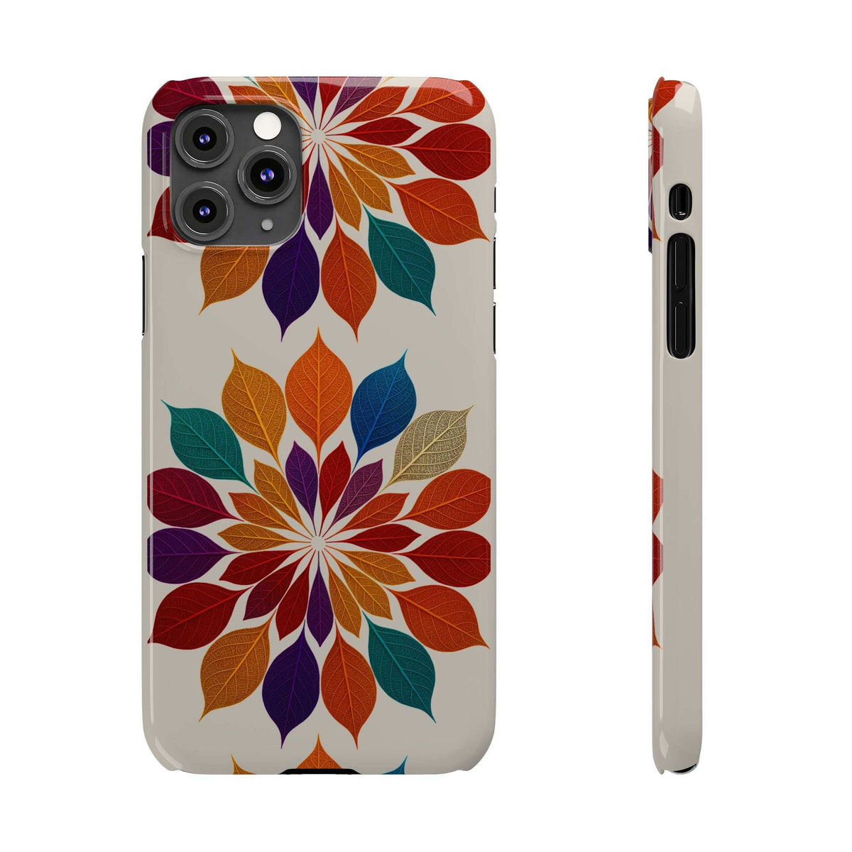 Leaf mandala phone case for iPhone 11-17, front view with camera cutouts and colorful leaf mandala