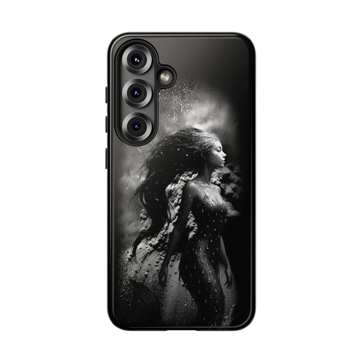Monochrome mermaid phone case, black, front view with camera cutouts and side buttons