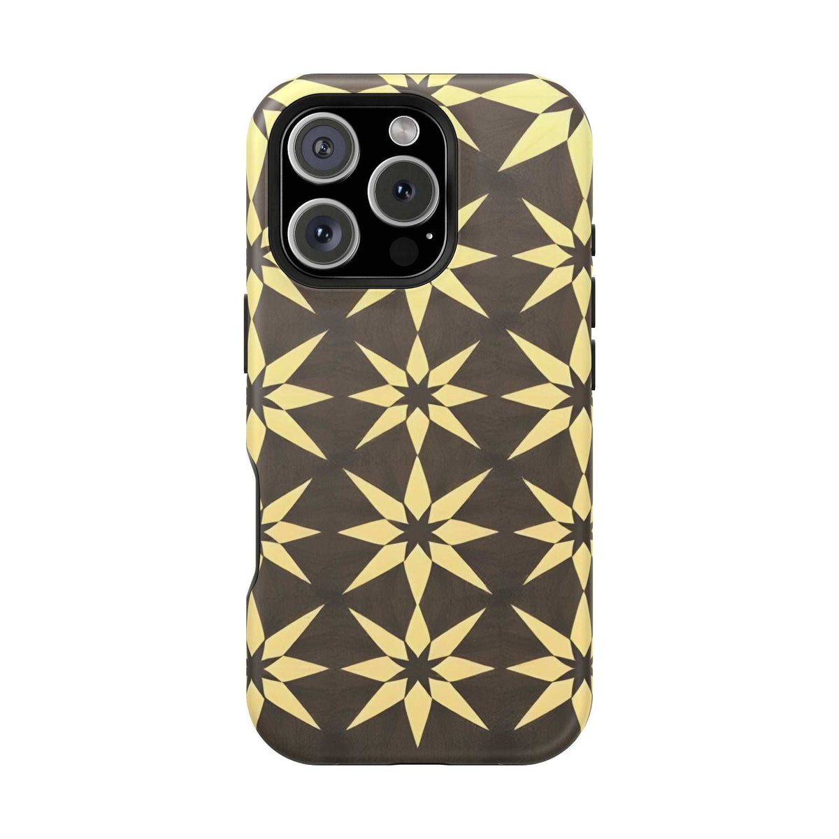 Phone case back featuring black and gold star geometric pattern, camera cutouts