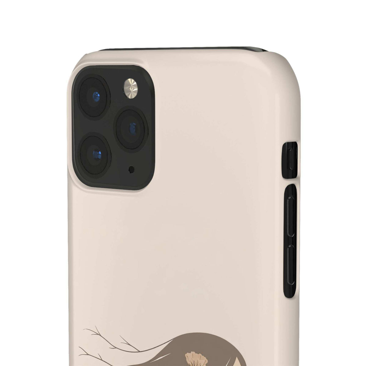 Beige phone case angled view with side button cutouts and women’s day profile graphic
