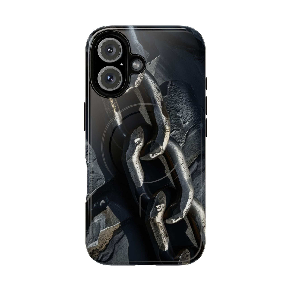 Black hard magnetic phone case with iron chain graphic and camera lens cutouts