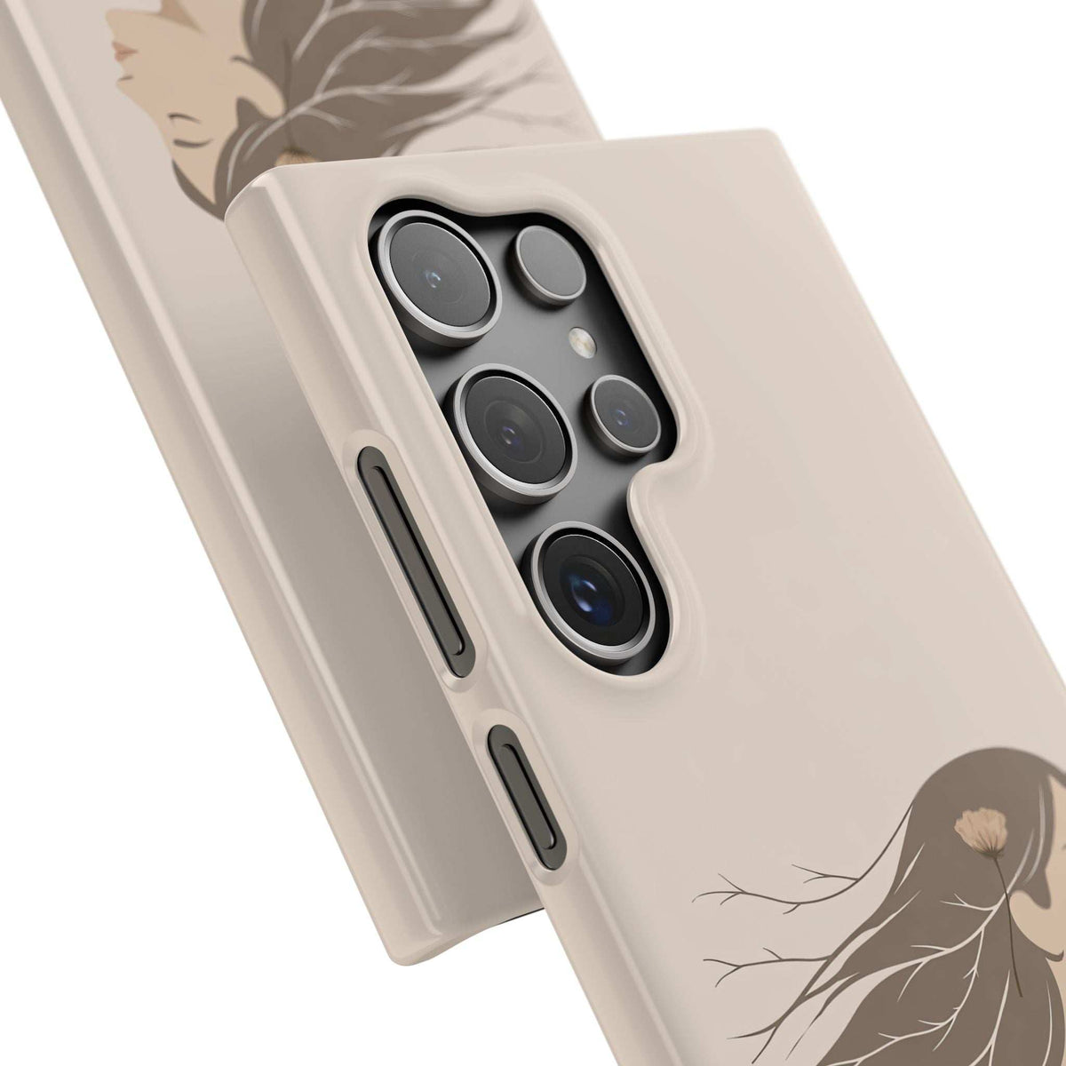 Cream phone case with raised camera protectors and woman outline graphic on the back.