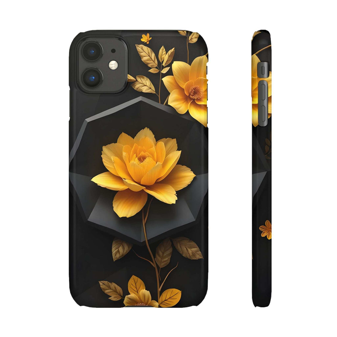 Black phone case with yellow flower and leaf pattern, cutouts for camera and flash