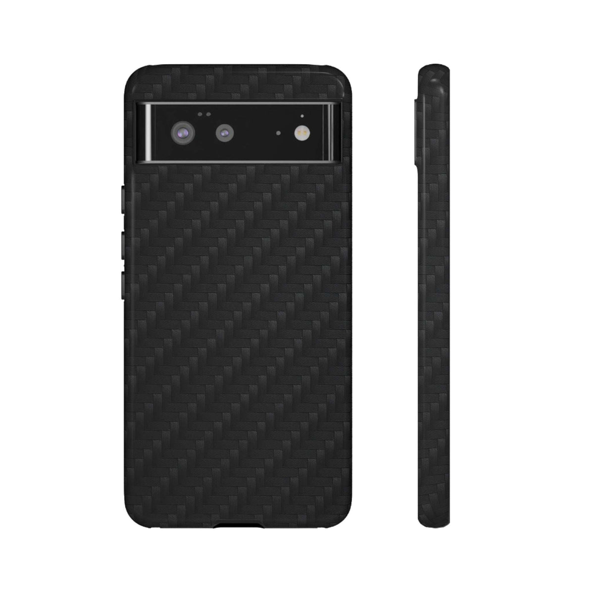 Black carbon fiber phone case with top camera openings, glossy finish, back view