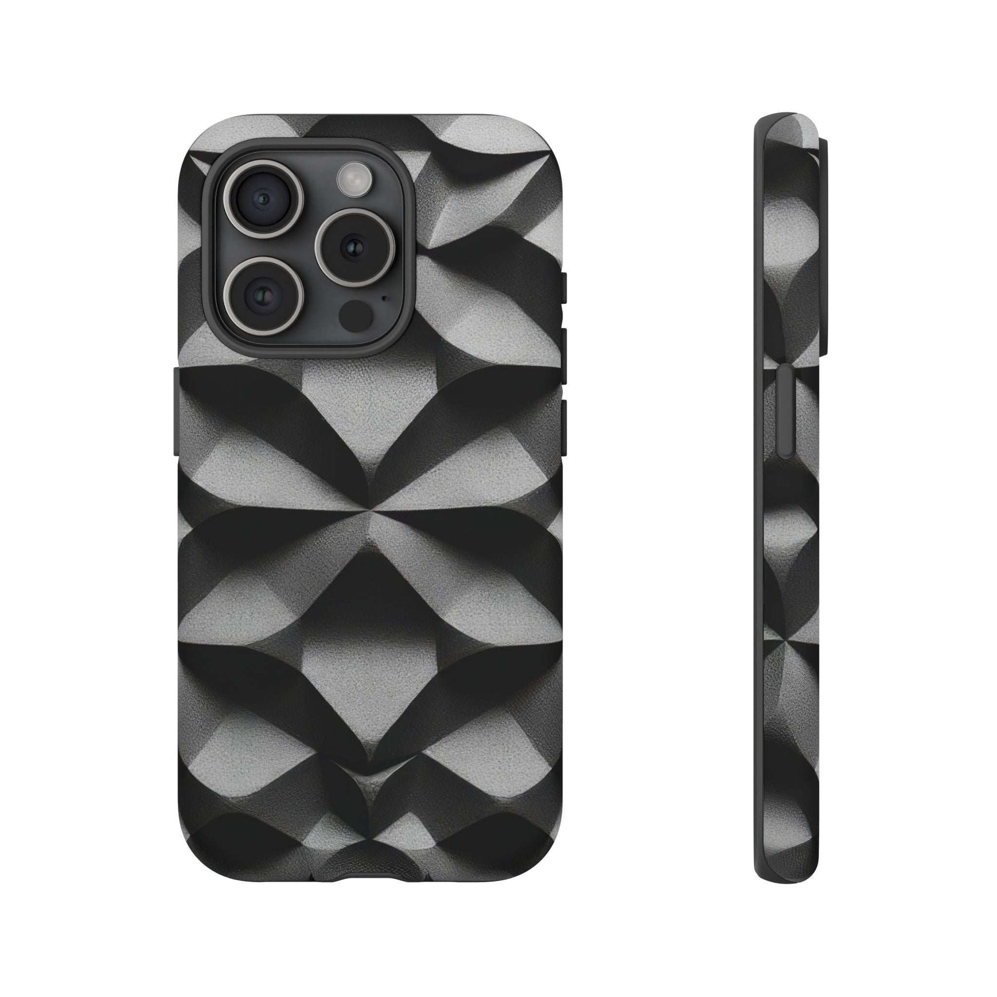 Tough phone case with black-and-gray geometric cube pattern, triple camera cutout and slim protective side