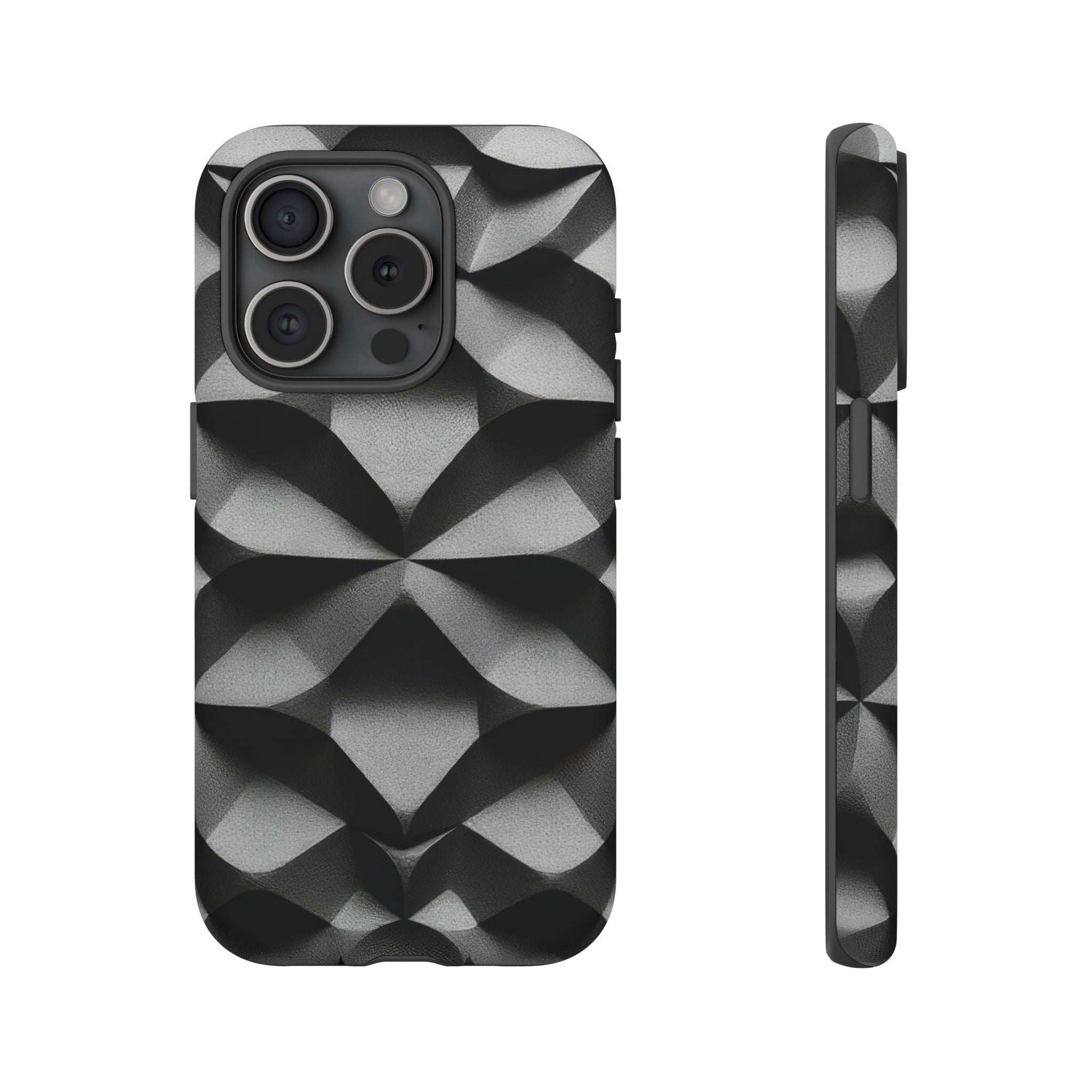 Tough phone case with black-and-gray geometric cube pattern, triple camera cutout and slim protective side