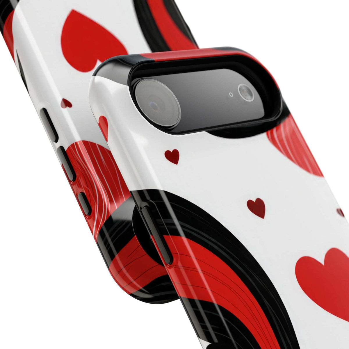 Glossy white phone case with red hearts and abstract red waves, raised camera frame