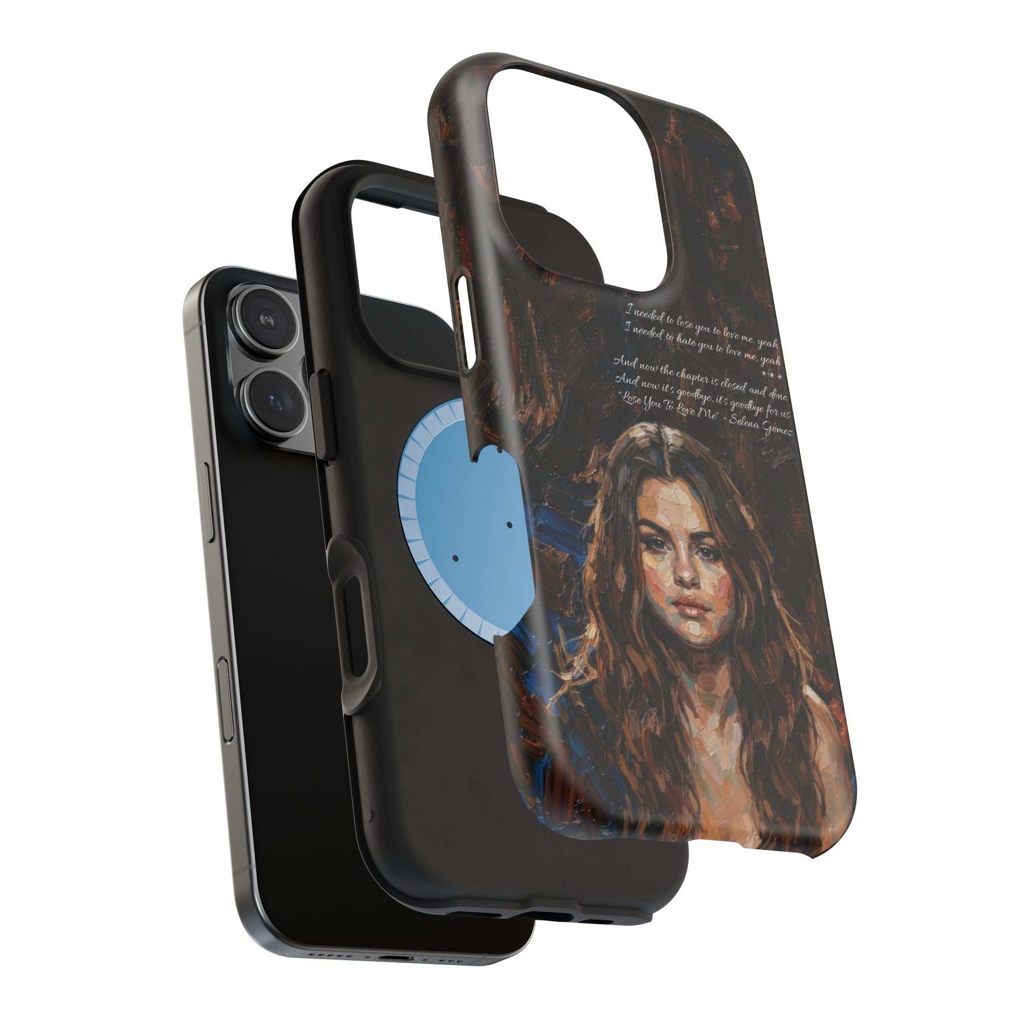 Tough phone case with portrait woman art, side buttons and ring cutout shown from angle
