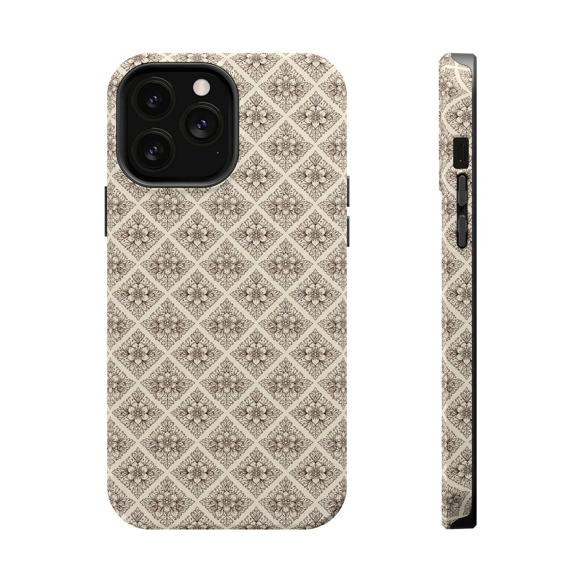 Beige ornate phone case with diamond floral pattern; angled view shows side buttons.