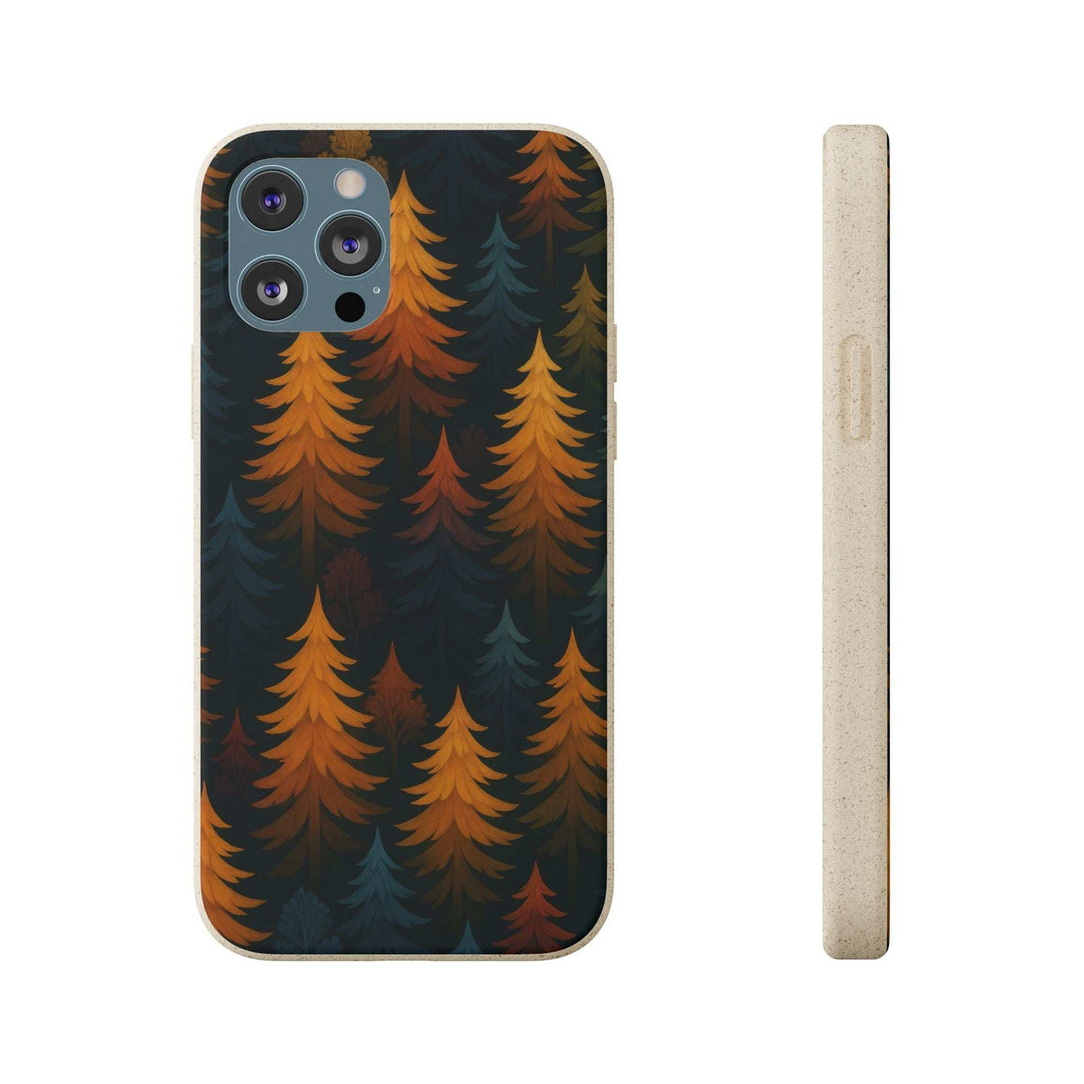 Biodegradable phone case with blue and orange tree pattern; front view and side