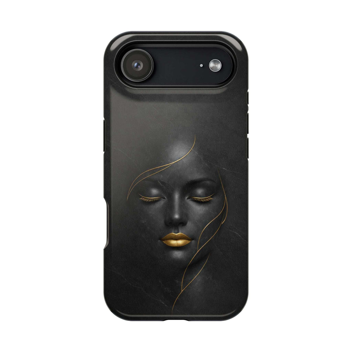 Black smartphone case with gold face illustration and top camera cutout window