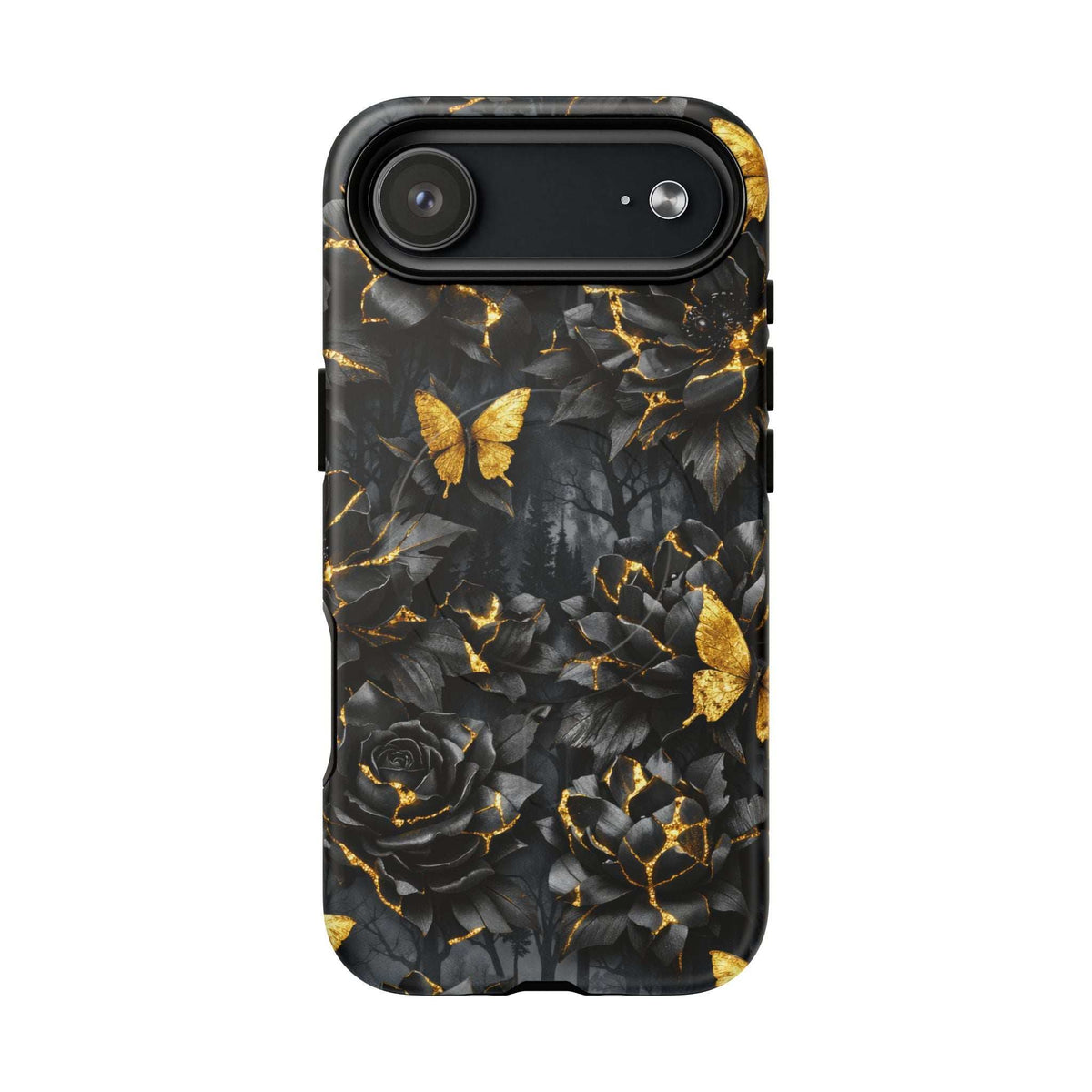 iPhone phone case close side view with gold kintsugi crack lines over black floral pattern