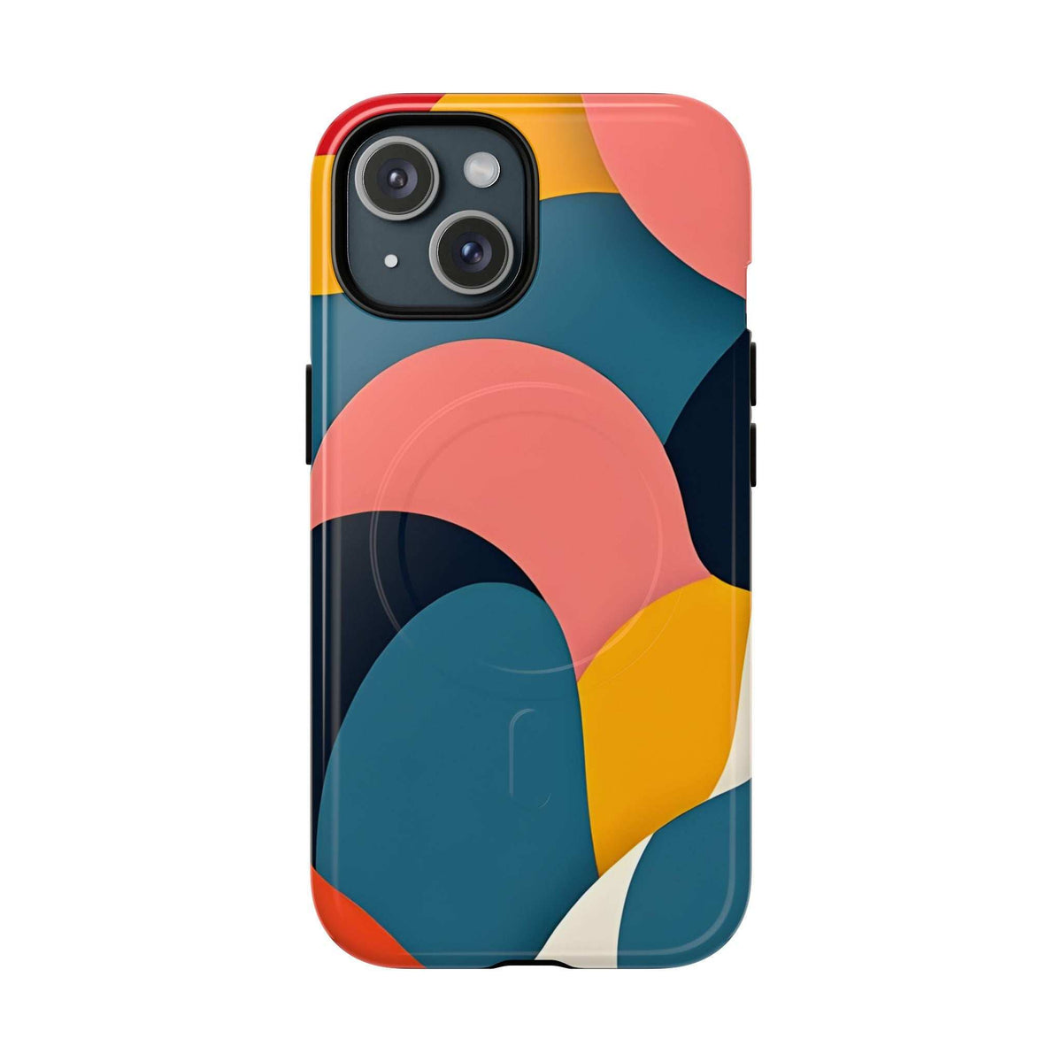 Colorful abstract art phone case with bold circles and raised camera module cutout