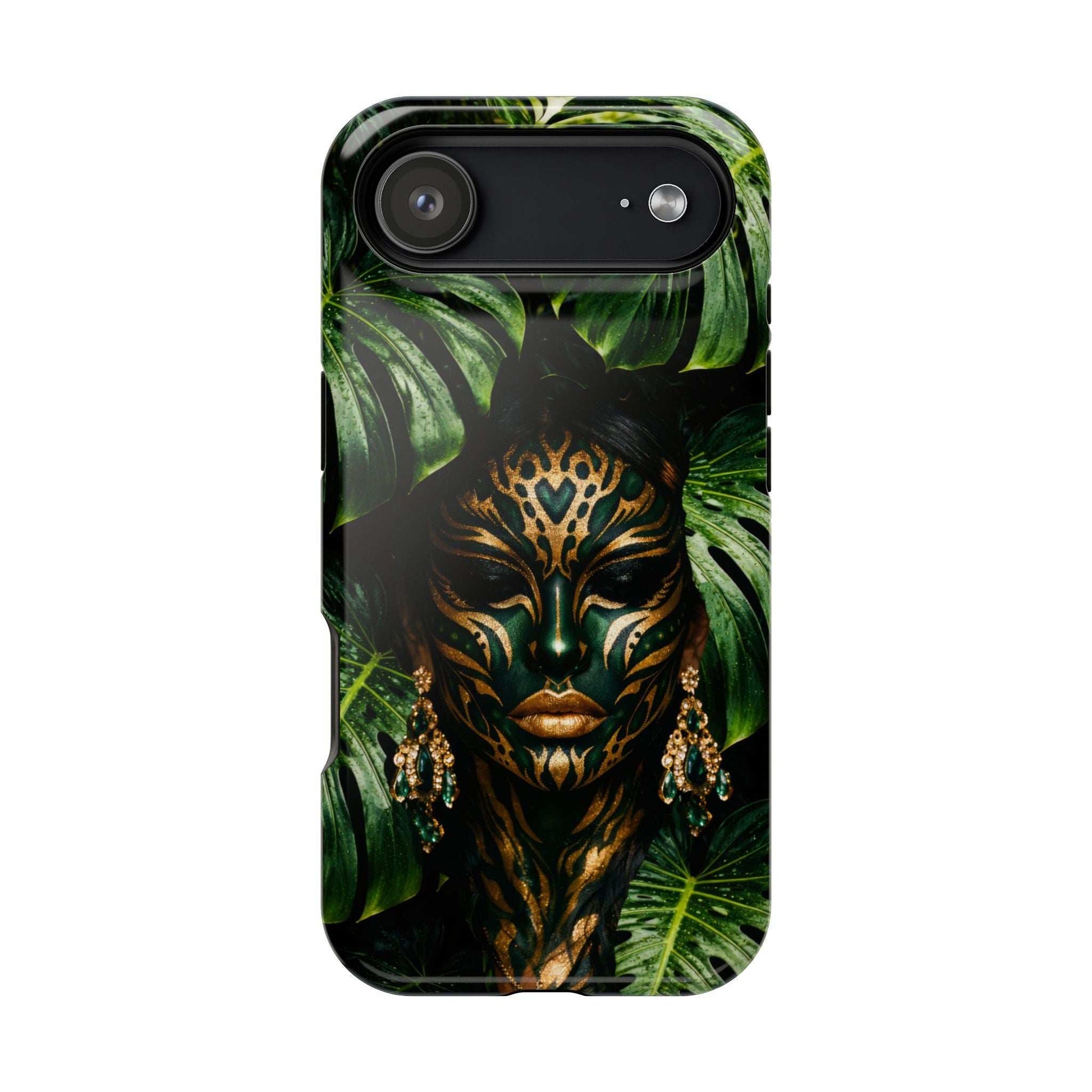 Phone case rear design with jungle spirit mask and tropical leaves, single top camera housing