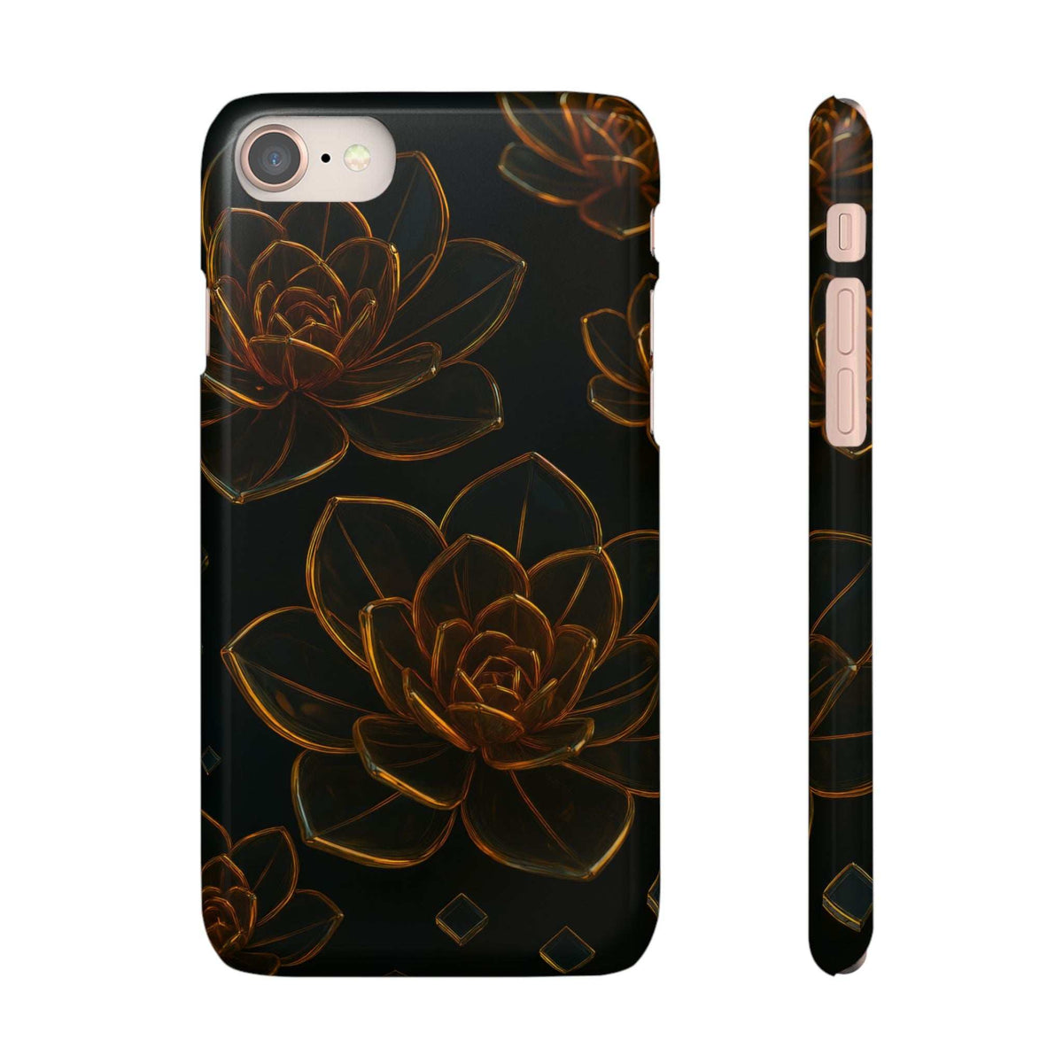 Glossy glass phone case with black background and gold flower design, plus side view