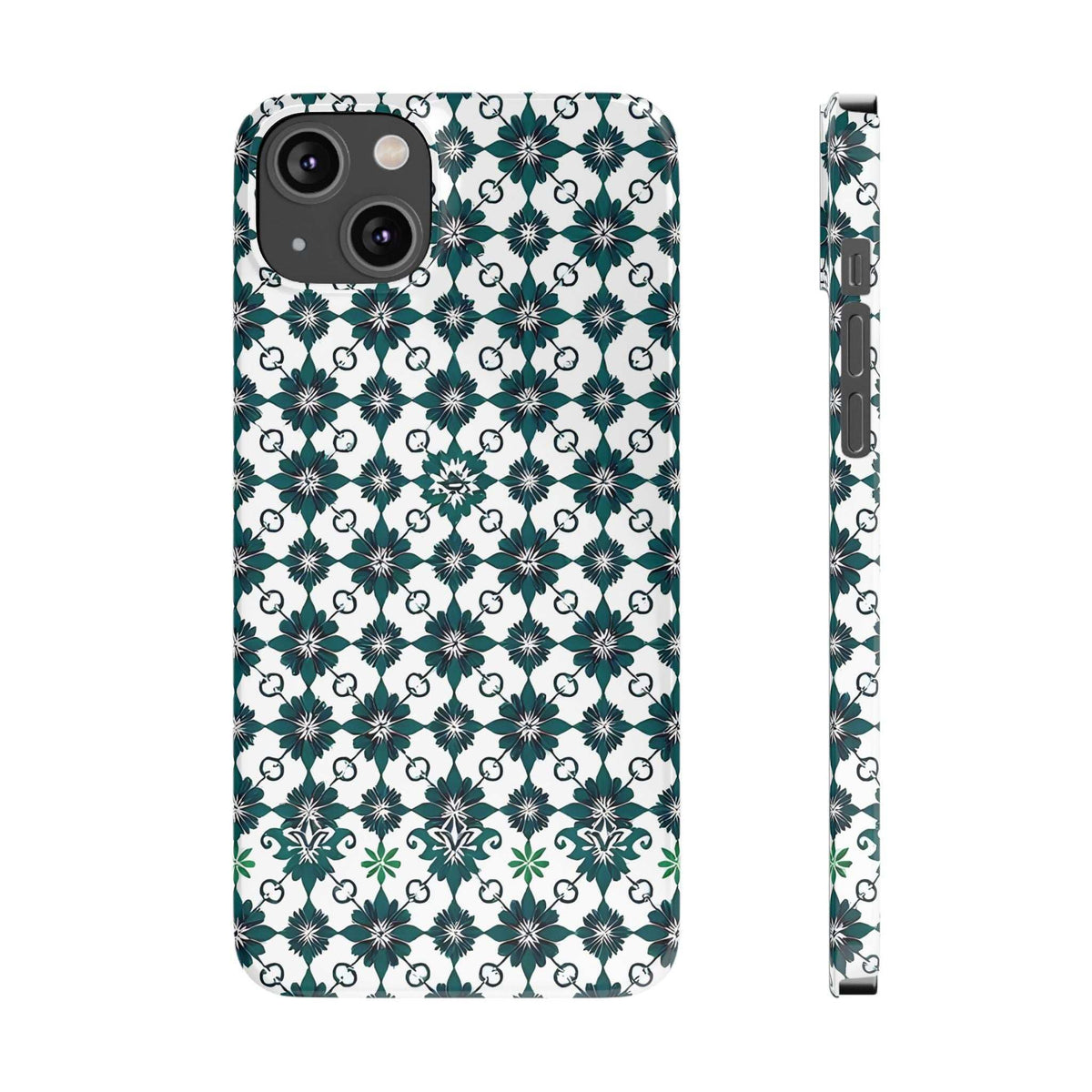 Phone case with white background and teal geometric floral pattern; visible strap on side