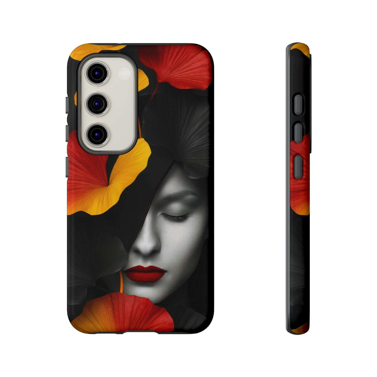 Glossy phone case with woman portrait and red-yellow floral accents for iPhone/Galaxy