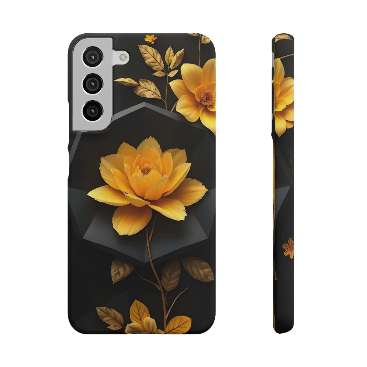 Black phone case with yellow floral and leaves; side edge shows matching print