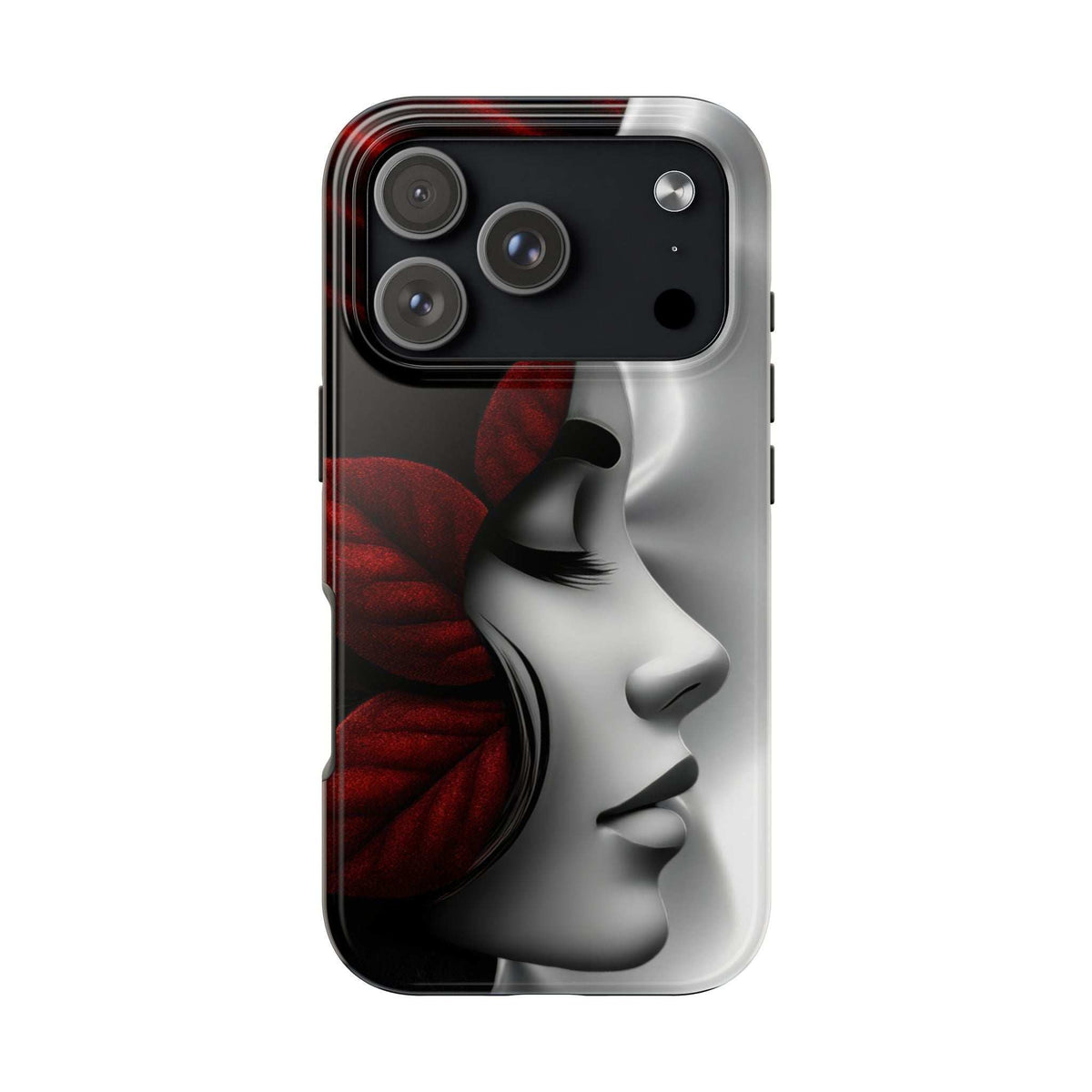 Phone case with black, gray, and red portrait illustration and raised edges