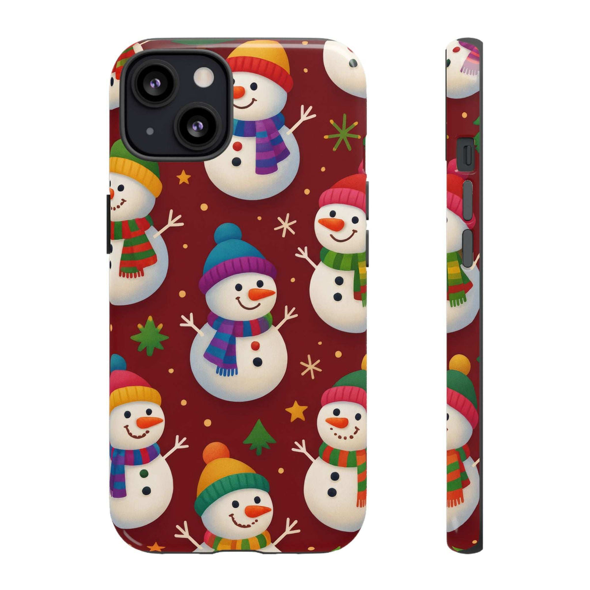 Glossy phone case with dark camera module cutouts over festive snowmen parade design