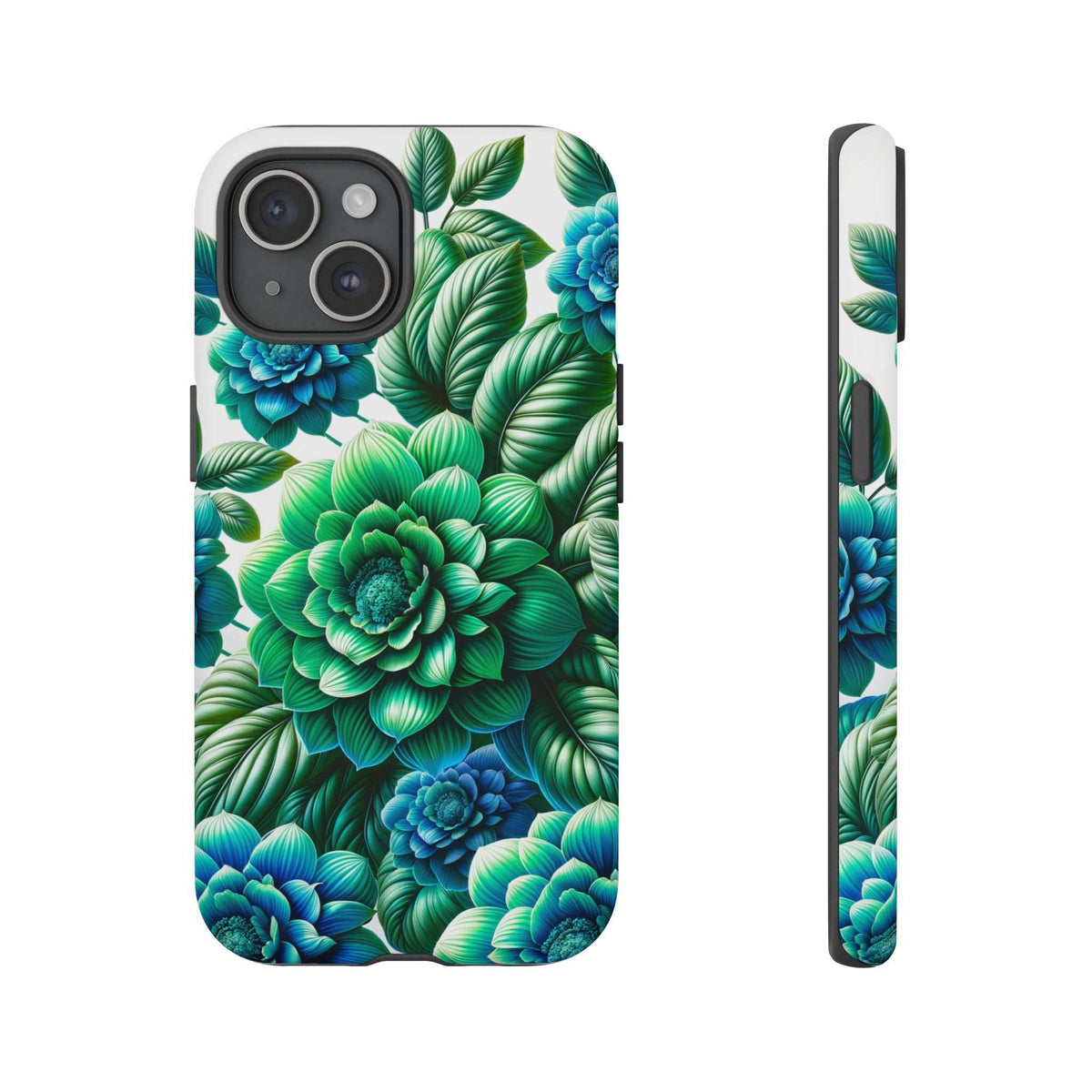 Green and blue floral phone case with leafy pattern; side profile with raised edges