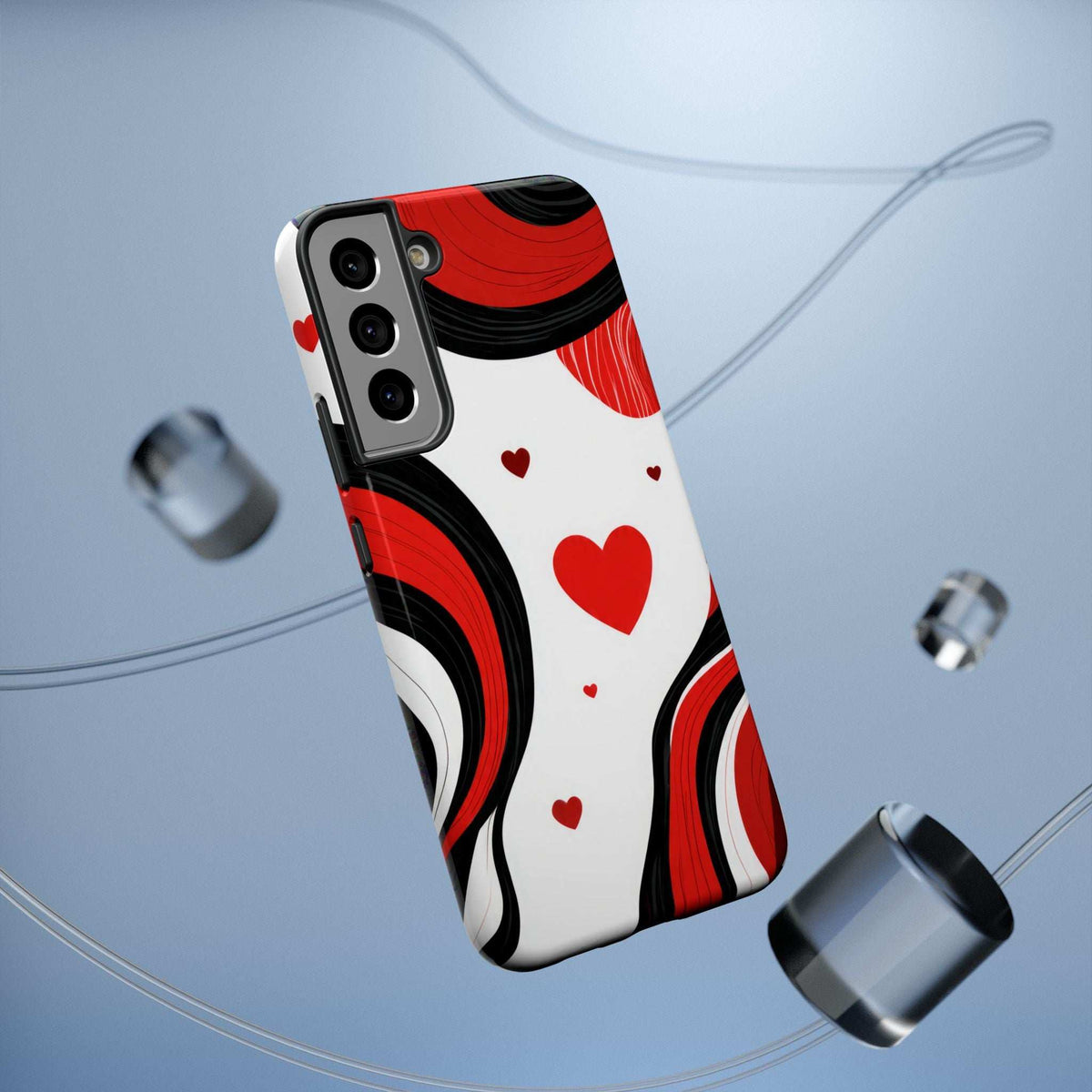 Side-angled view of red heart swirl phone case in white with camera cutouts