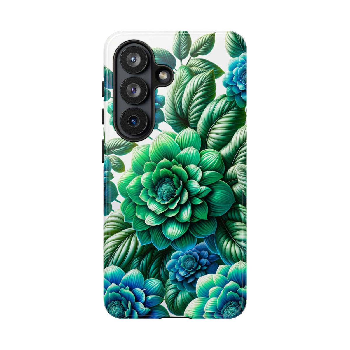 Floral phone case with green and blue foliage, side view with button cutouts