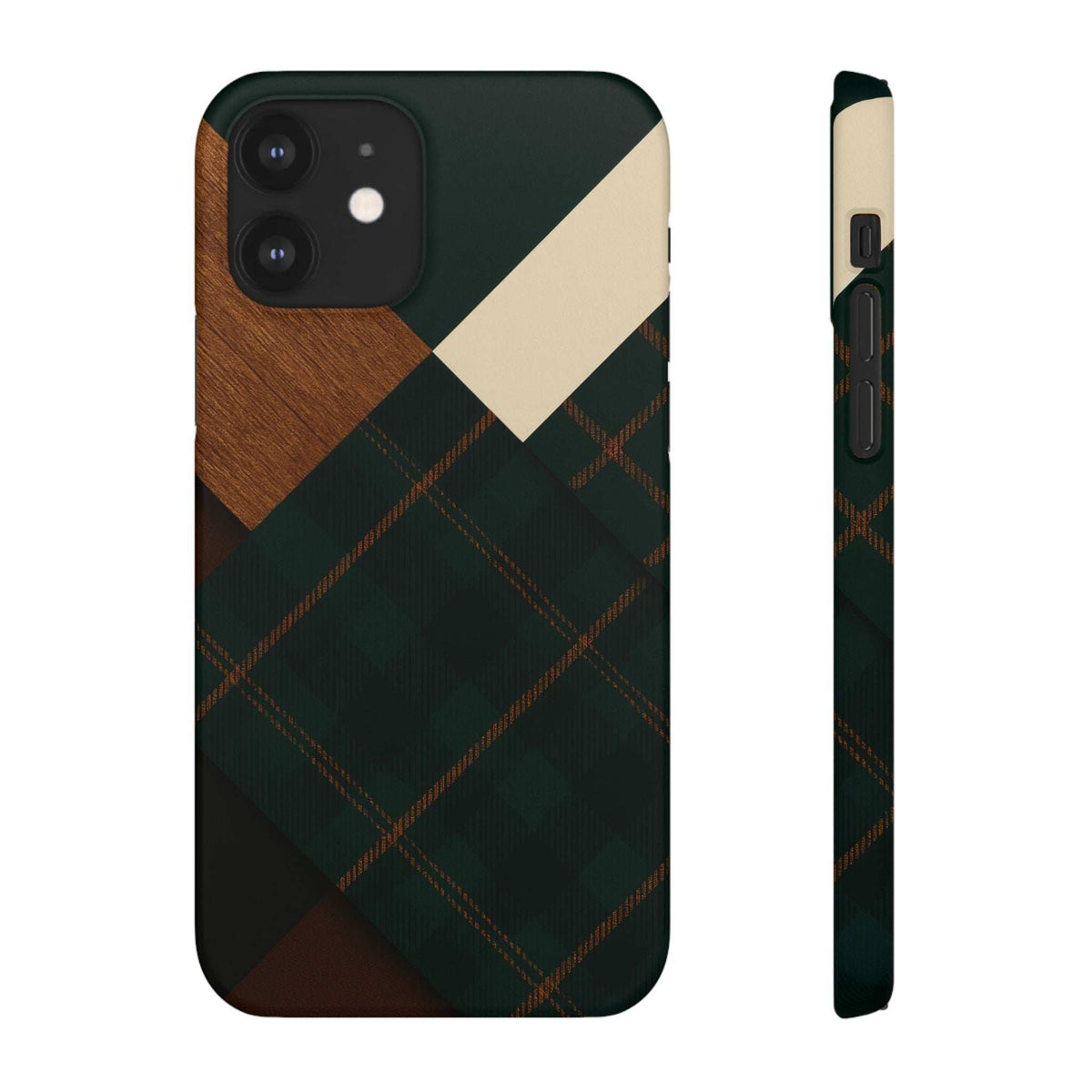Phone case with dark green plaid pattern, tan wood corner, and cream diagonal block; side port access