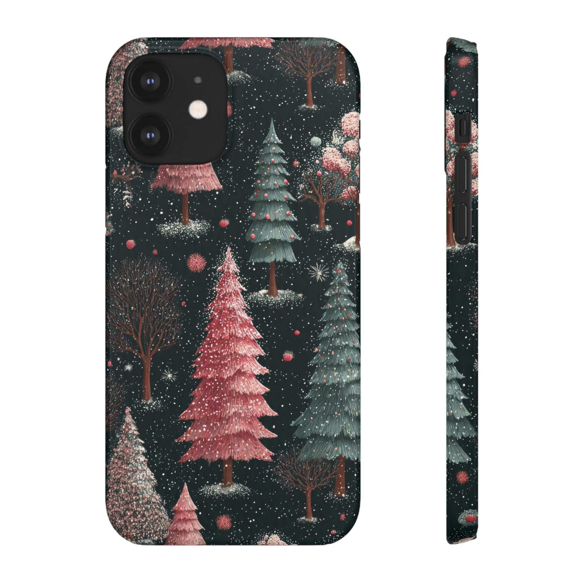 Glossy phone case back with camera cutouts, winter pine trees and falling snow pattern