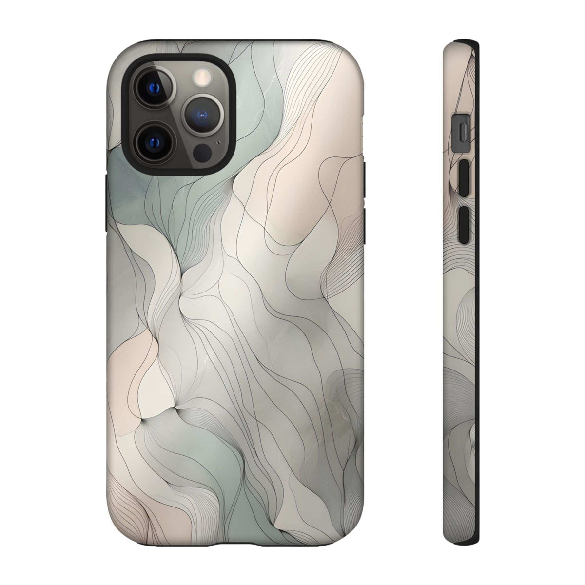 Phone case with pastel wave swirls in light beige and teal, side buttons openings and camera cutouts.