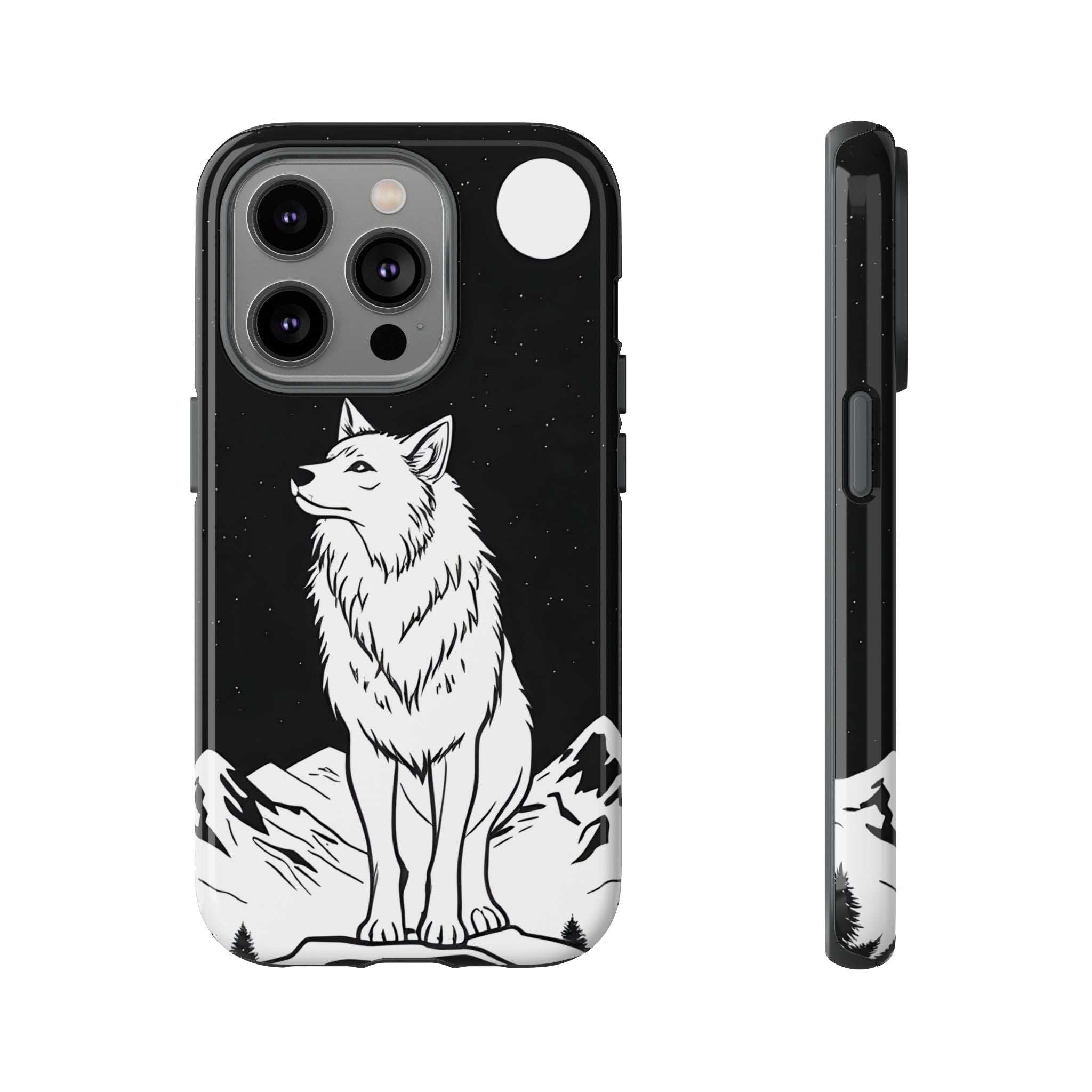 Wolf phone case, black with white wolf art and star speckles; both camera and side openings